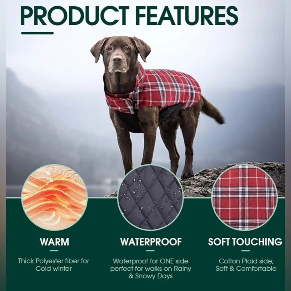 New-Reversible Plaid and Black Dog Jacket Size Large Warm & Comfortable